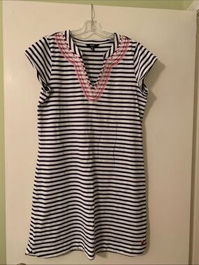 Hatley Navy and White Striped Midi Dress with Pink Embroidered Neckline